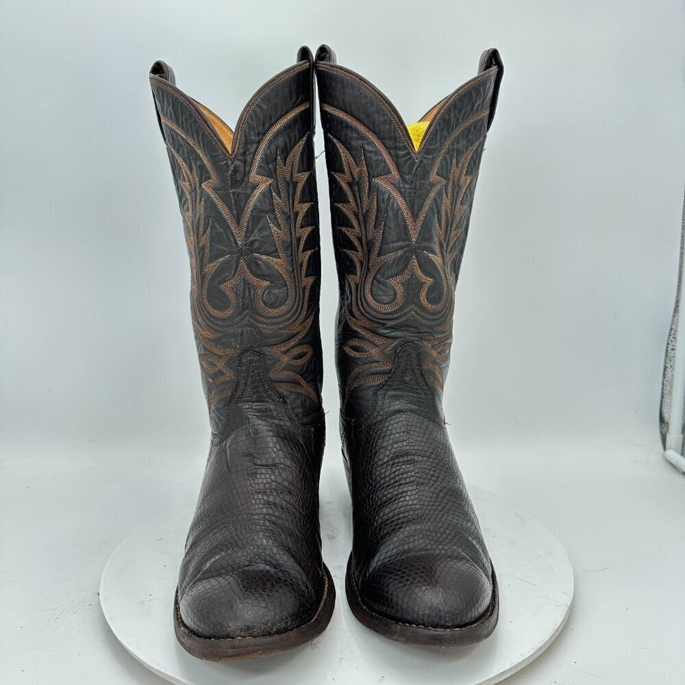 Tony Lama Men Size 8.5 Dark Brown Leather Pull On Western Cowboy Boots - Picture 2 of 14